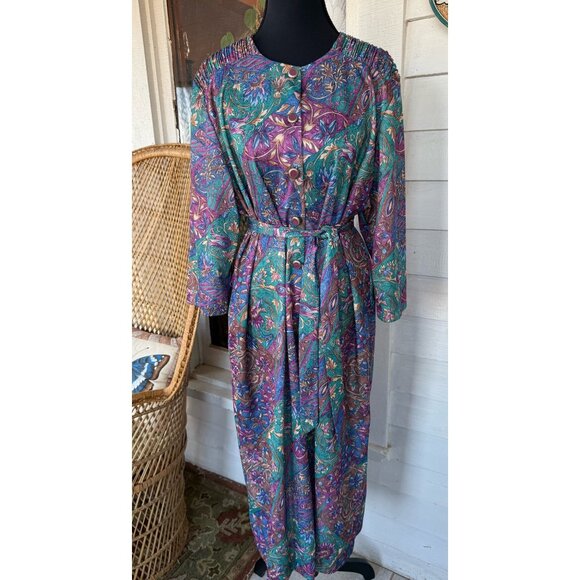 Vintage 70's Nancy II Blue Purple Floral Belted House Dress Sz 18 - Picture 6 of 14